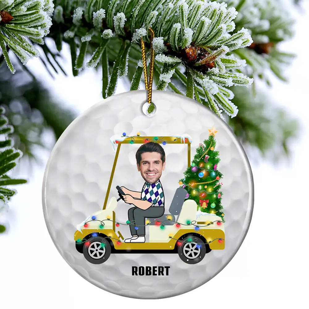Custom Photo Funny Face Golf Cart - Personalized Circle Ceramic Ornament - Image 5