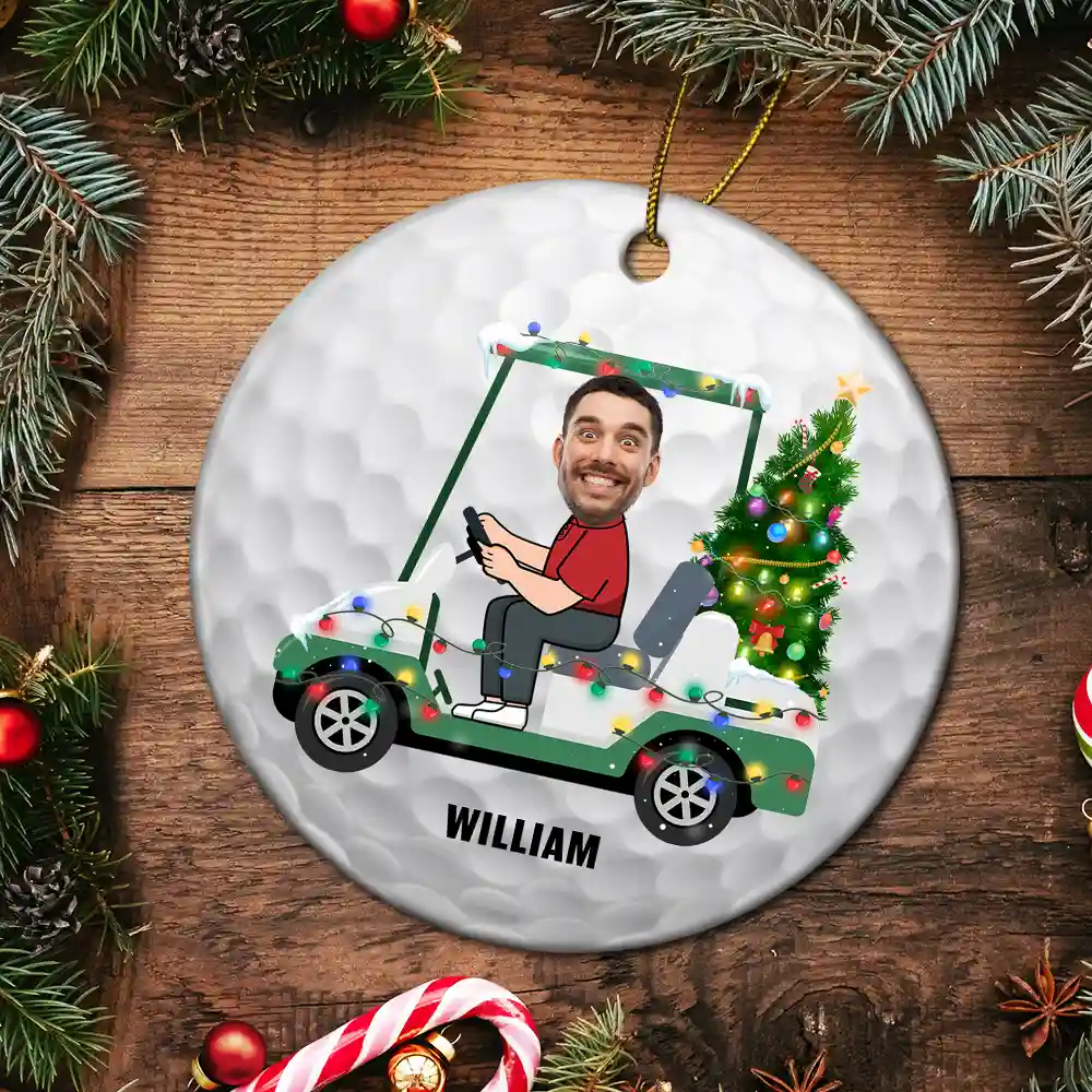 Custom Photo Funny Face Golf Cart - Personalized Circle Ceramic Ornament - Image 6