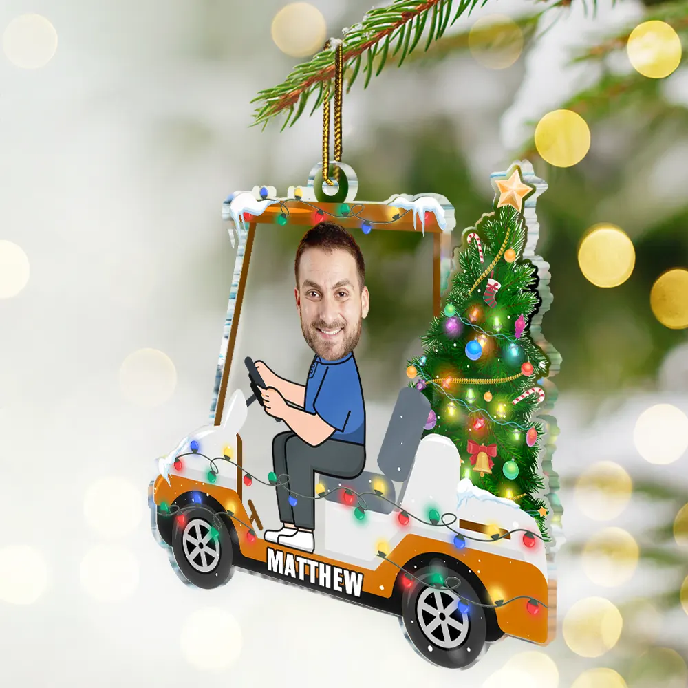 Custom Photo Funny Face Golf Cart - Personalized Custom Shaped Acrylic Ornament - Image 3