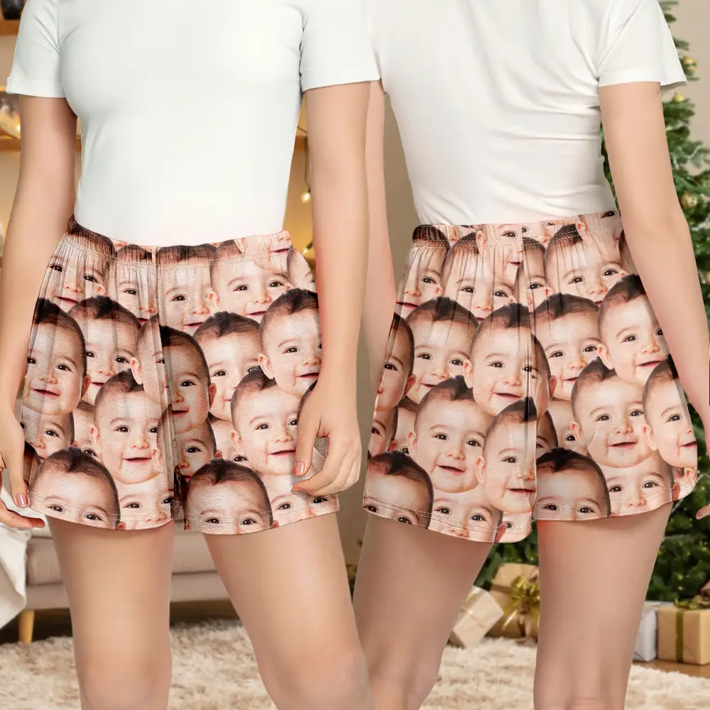 Custom Photo Funny Face Pattern Dog Cat Family - Personalized Pajama Shorts - Image 4