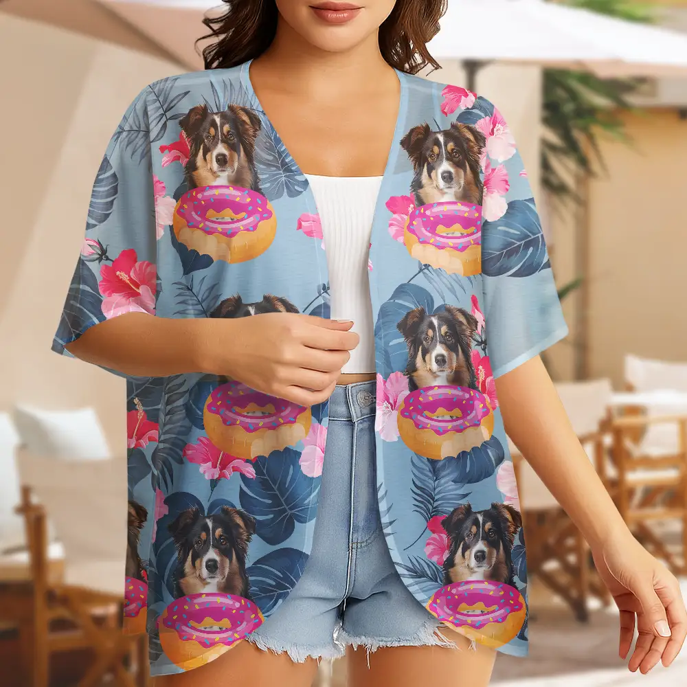 Custom Photo Funny Family Dog Cat - Personalized Women Kimono Cardigan - Image 5