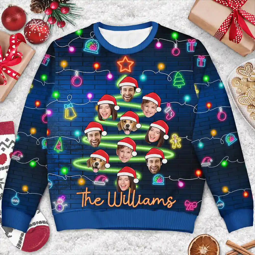 Custom Photo Funny Family Face Let's Get Lit Neon Christmas Light Style - Personalized Unisex Ugly Sweater - Image 4