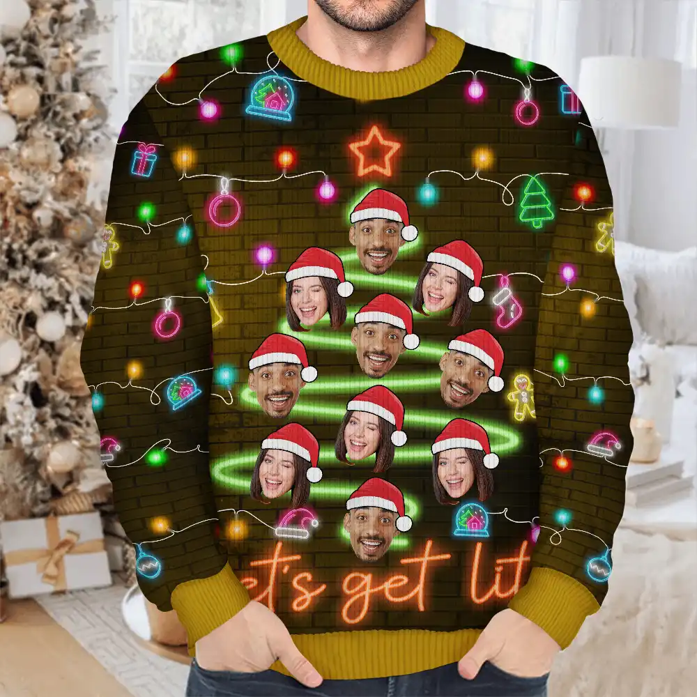 Custom Photo Funny Family Face Let's Get Lit Neon Christmas Light Style - Personalized Unisex Ugly Sweater - Image 5