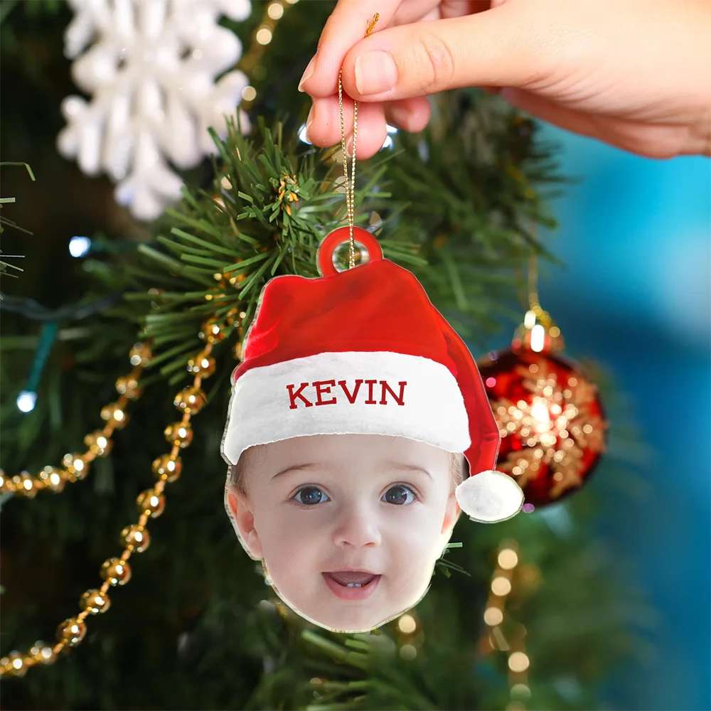 Custom Photo Funny Family Face With Santa's Hat - Personalized Cutout Acrylic Ornament - Image 5