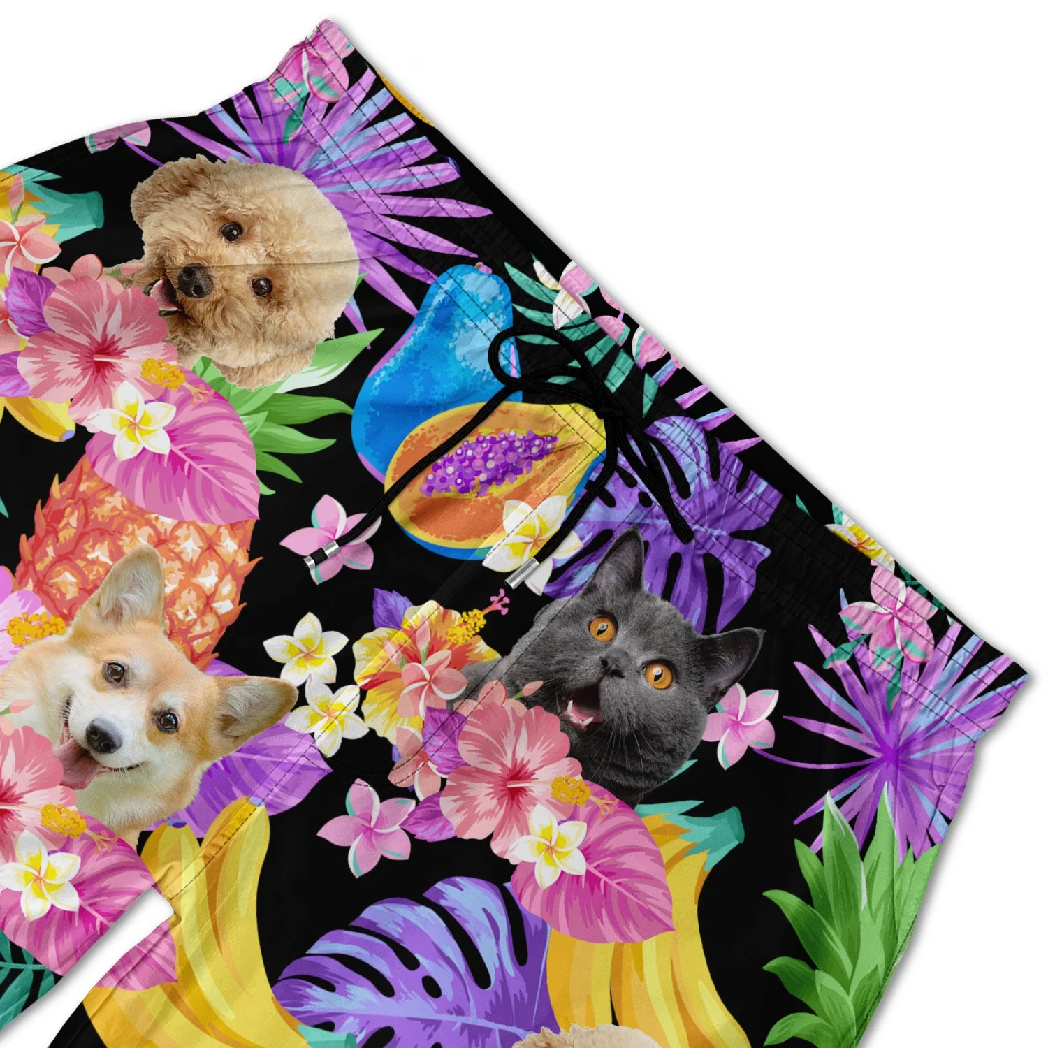 Custom Photo Funny Family Pet Face Black Colorful Tropical - Funny Gift For Pet Lovers, Dog Mom, Cat Mom, Dog Dad, Cat Dad - Personalized Unisex Beach Shorts - Image 6