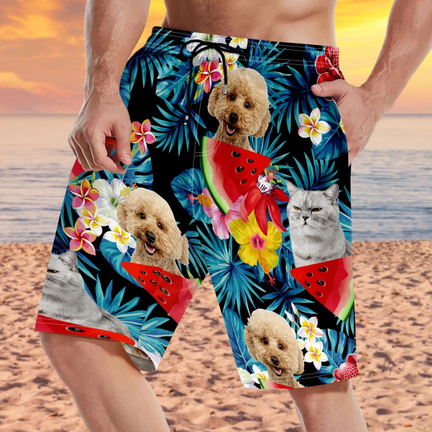 Custom Photo Funny Family Pet Face Black Tropical Flower - Funny Gift For Pet Lovers, Dog Mom, Cat Mom, Dog Dad, Cat Dad - Personalized Unisex Beach Shorts - Image 2