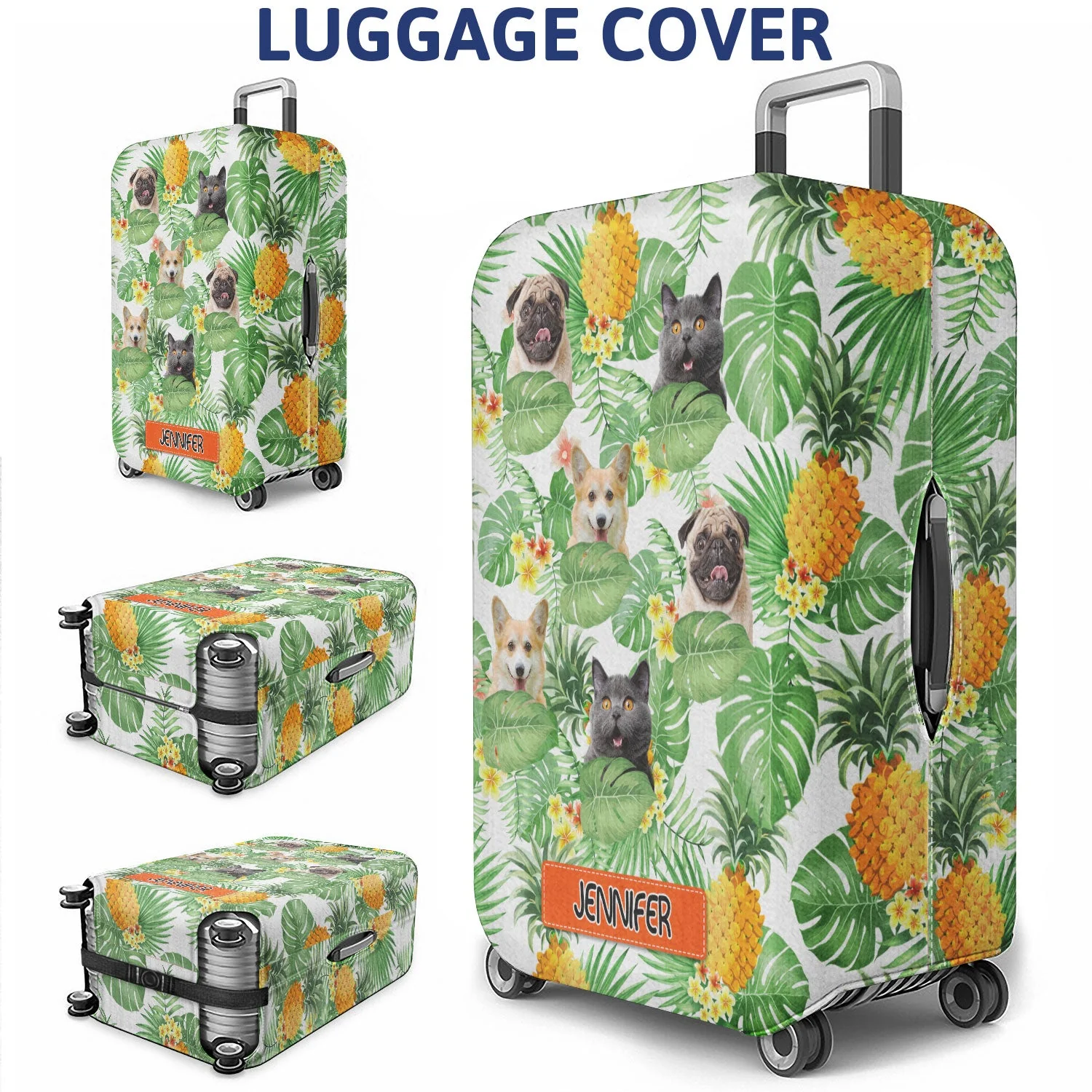 Custom Photo Funny Family Pet Face Blue Flamingo - Funny Gift For Pet Lovers, Dog And Cat Lovers, Gift For Couples - Personalized Luggage Cover - Image 4