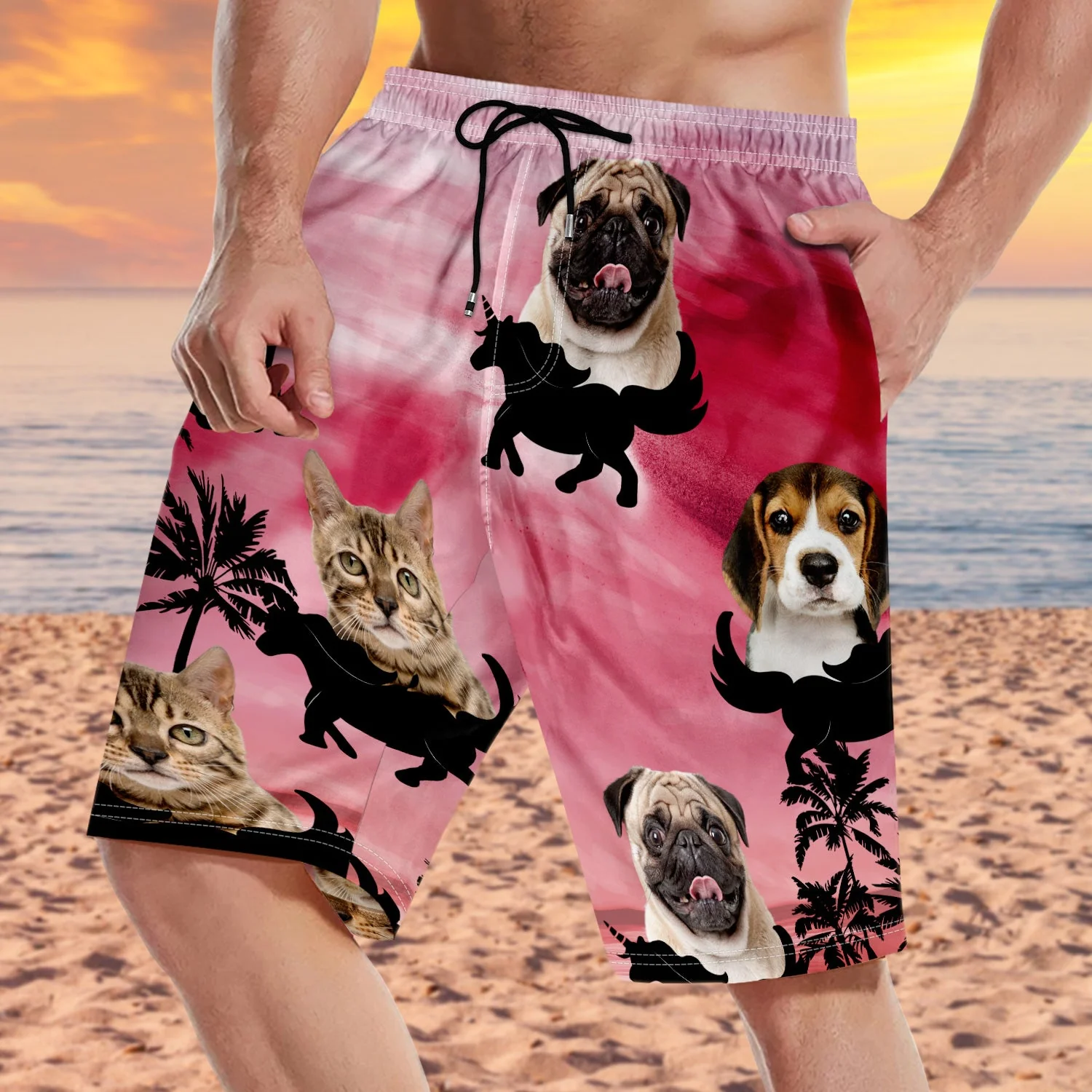 Custom Photo Funny Family Pet Face Color Sunset - Funny Gift For Pet Lovers, Dog Mom, Cat Mom, Dog Dad, Cat Dad - Personalized Unisex Beach Shorts - Image 4