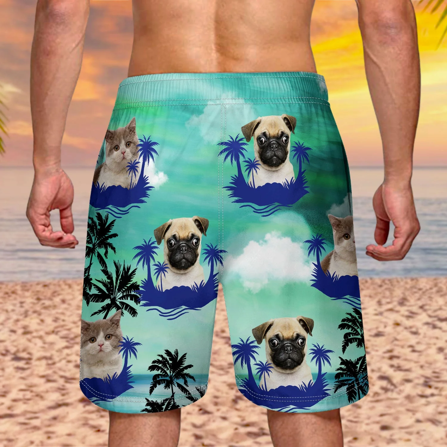 Custom Photo Funny Family Pet Face Color Sunset - Funny Gift For Pet Lovers, Dog Mom, Cat Mom, Dog Dad, Cat Dad - Personalized Unisex Beach Shorts - Image 5