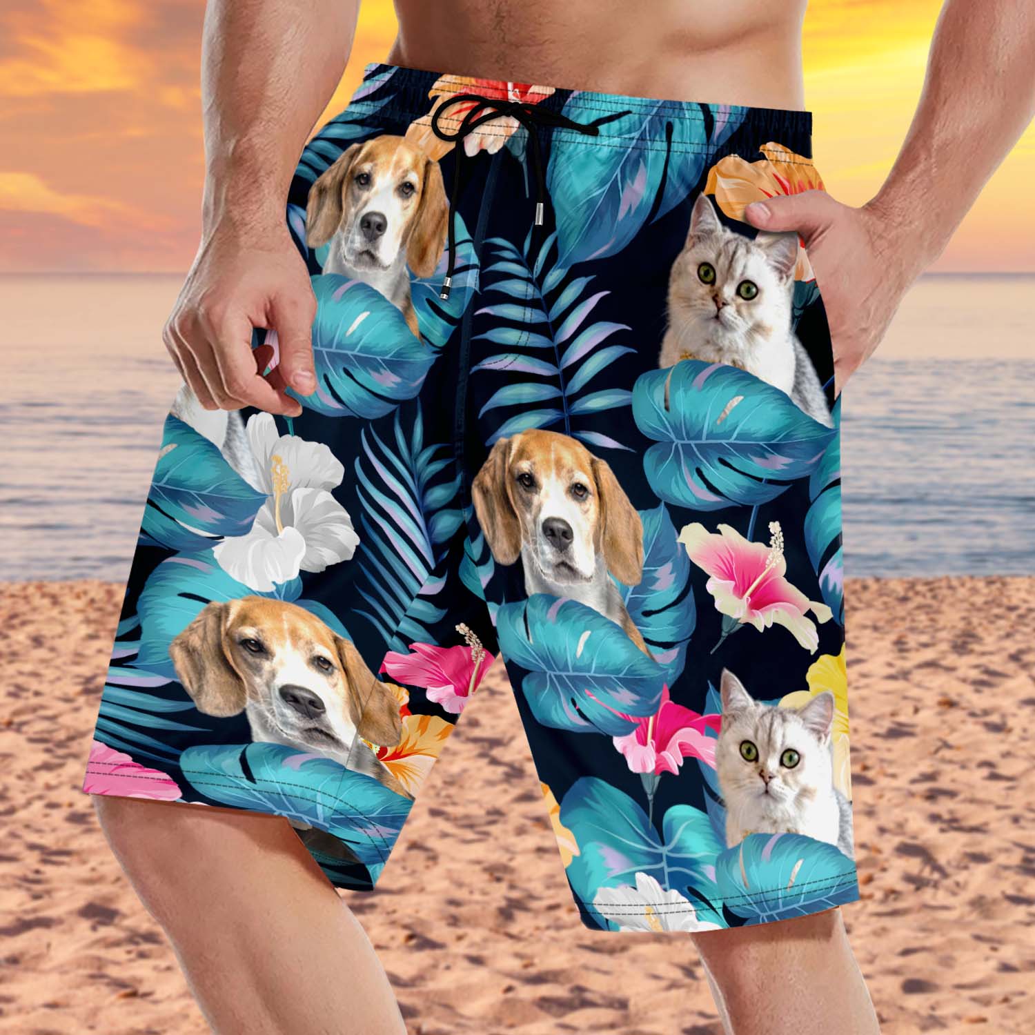Custom Photo Funny Family Pet Face - Funny Gift For Pet Lovers, Dog Mom, Cat Mom, Dog Dad, Cat Dad - Personalized Custom Unisex Beach Shorts - Image 4