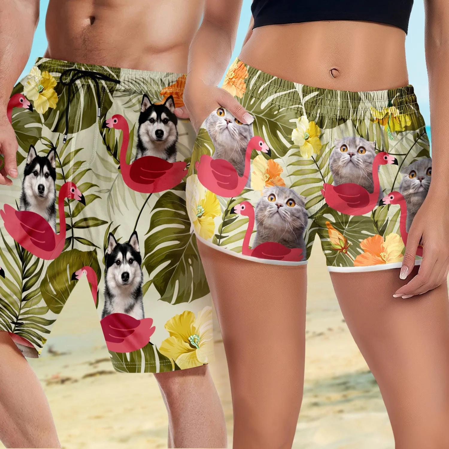Custom Photo Funny Family Pet Face - Gift For Couples, Dog And Cat Lovers - Personalized Custom Couple Beach Shorts - Image 7