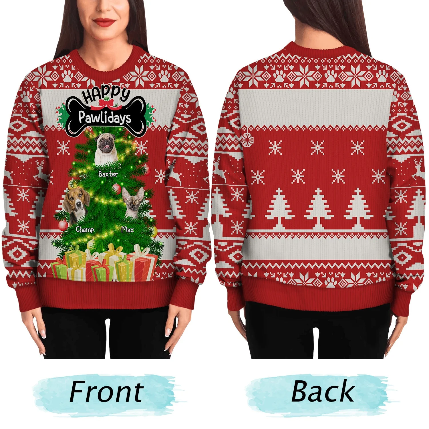 Custom Photo Funny Dog Cat Face Happy Pawlidays - Christmas Gift For Pet Lovers - Personalized Unisex Ugly Sweater - Image 6