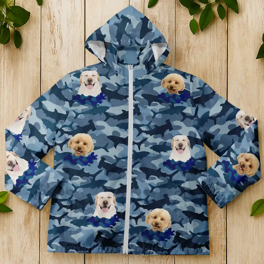 Custom Photo Funny Family Pet Face Hunting Fishing Outdoor Pattern - Personalized Rain Jacket - Image 5