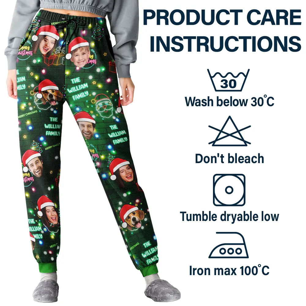Custom Photo Funny Family Pet Face Neon Light Style - Personalized Pajama Pants - Image 6