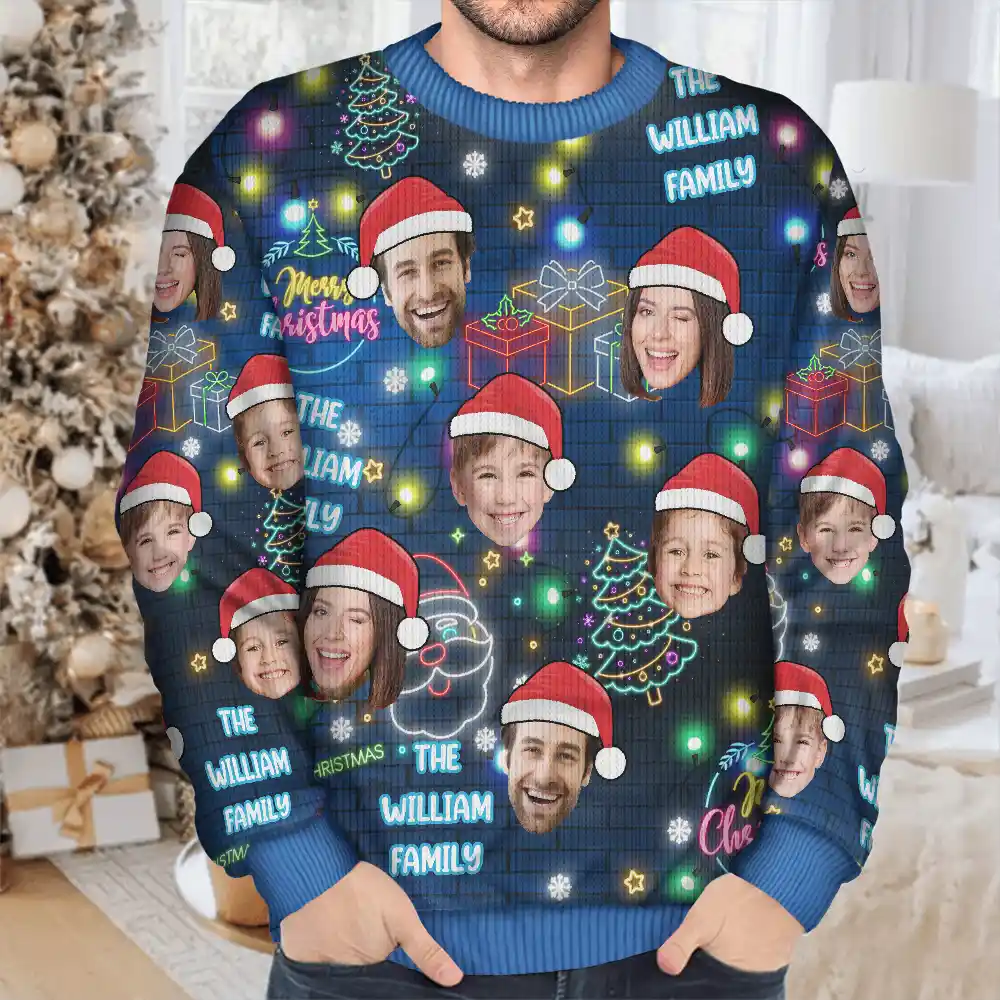 Custom Photo Funny Family Pet Face Neon Light Style - Personalized Unisex Ugly Sweater - Image 5