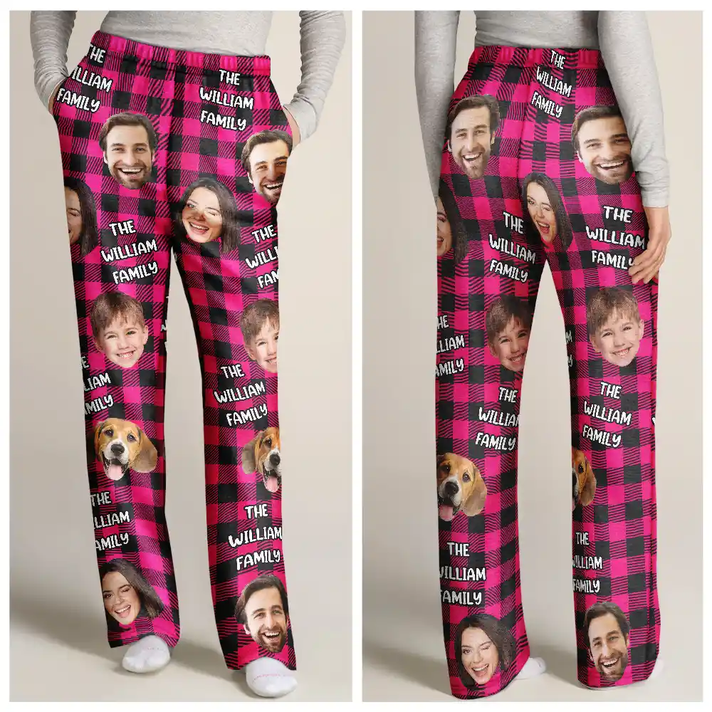 Custom Photo Funny Family Pet Face Plaid Pattern - Personalized Pajama Pants - Image 4