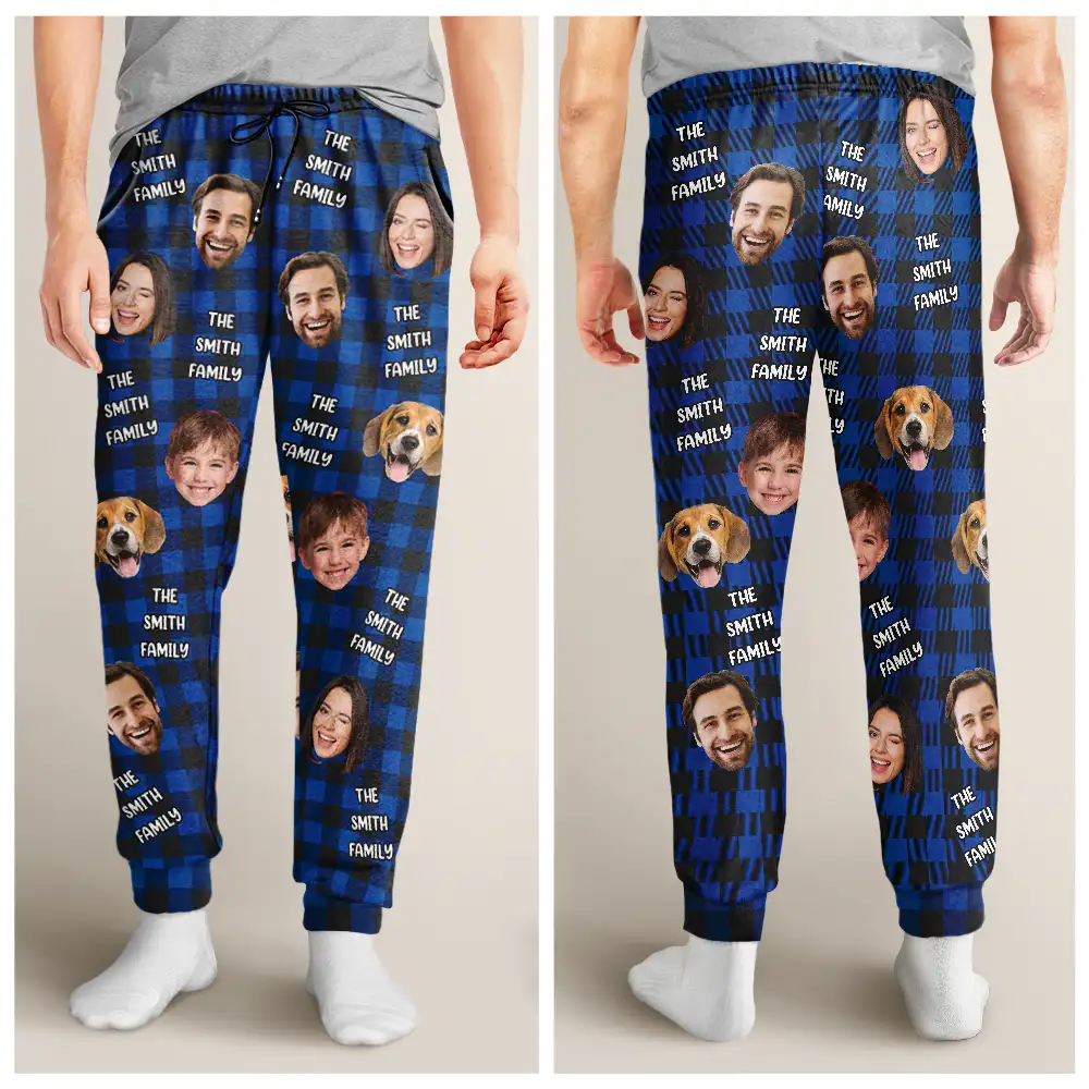 Custom Photo Funny Family Pet Face Plaid Pattern - Personalized Pajama Pants - Image 5