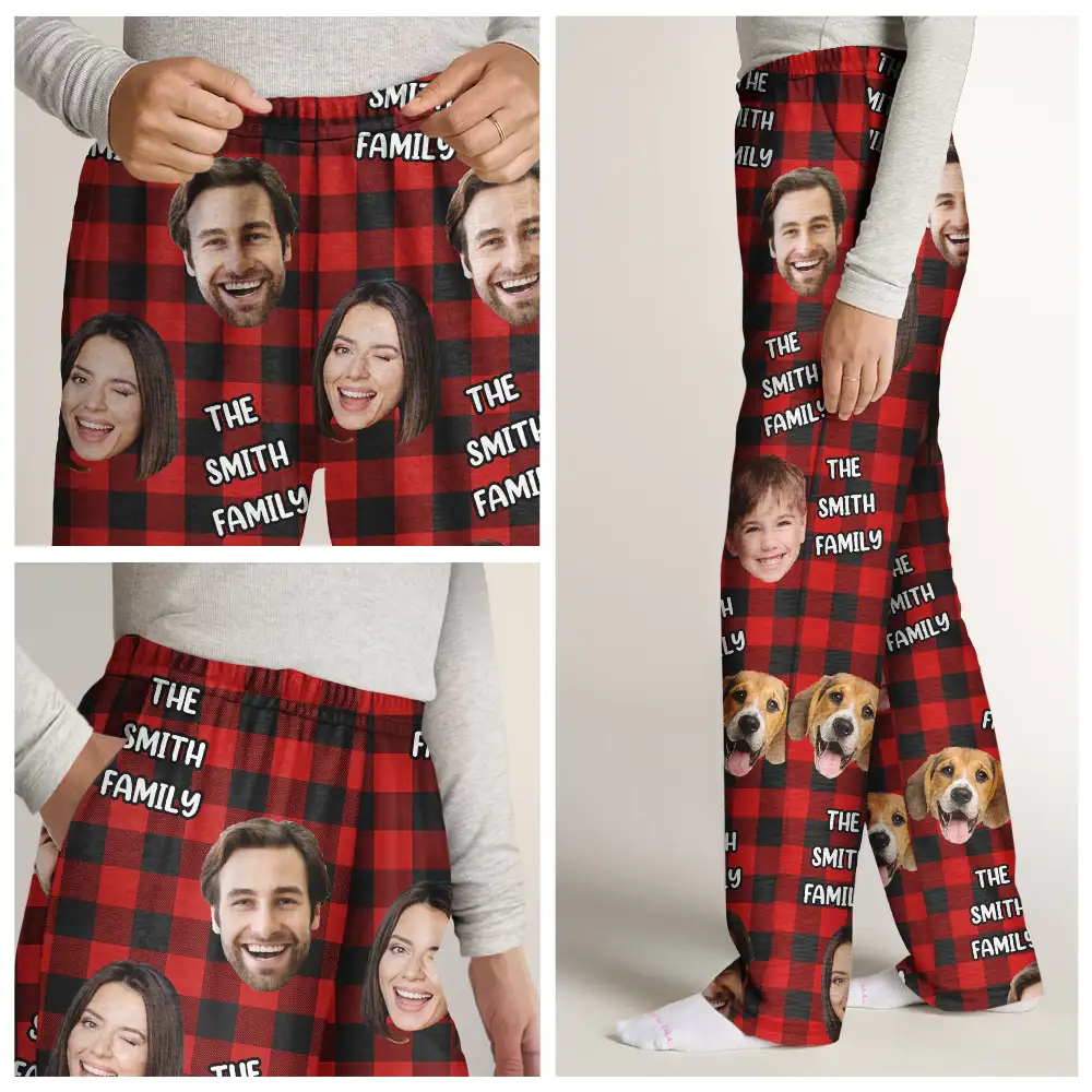 Custom Photo Funny Family Pet Face Plaid Pattern - Personalized Pajama Pants - Image 8