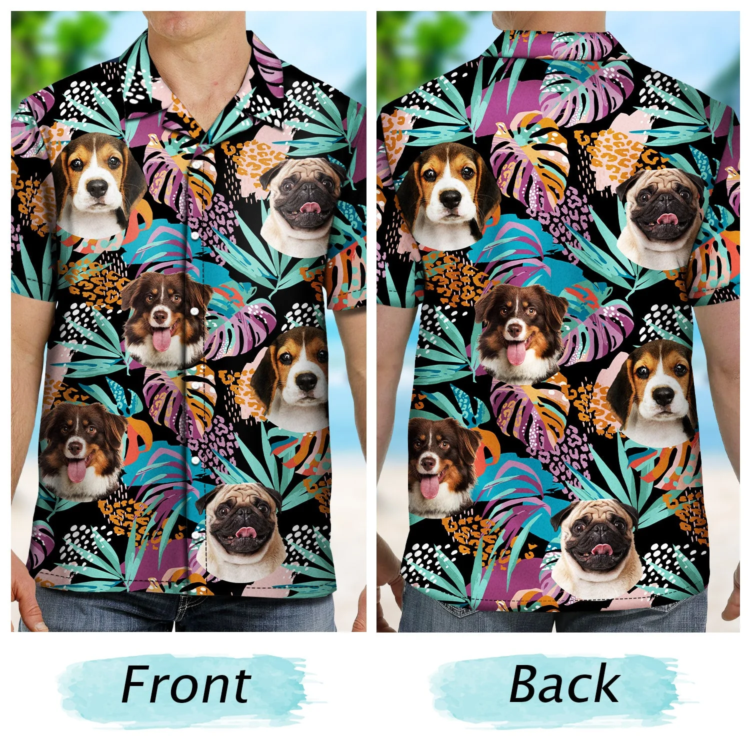 Custom Photo Funny Family Pet Face Purple Tropical - Gift For Pet Lovers, Dog Lovers, Cat Lovers - Personalized Hawaiian Shirt - Image 2