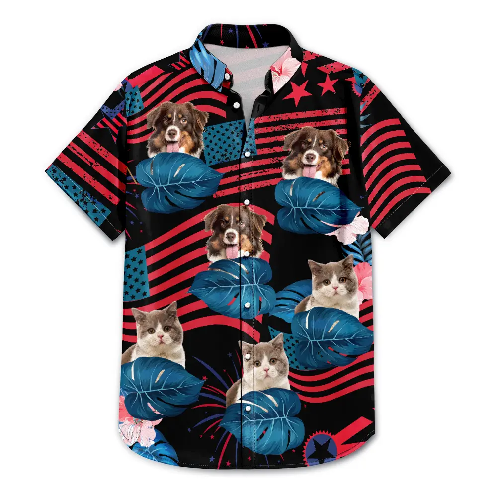 Custom Photo Funny Family Pet Face Stars And Stripes - Gift For Men, Dog And Cat Lovers - Personalized Custom Hawaiian Shirt - Image 4
