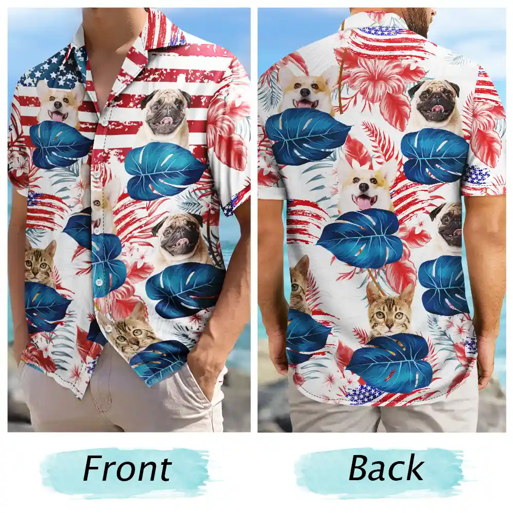 Custom Photo Funny Family Pet Face Stars And Stripes - Gift For Men, Dog And Cat Lovers - Personalized Custom Hawaiian Shirt - Image 6