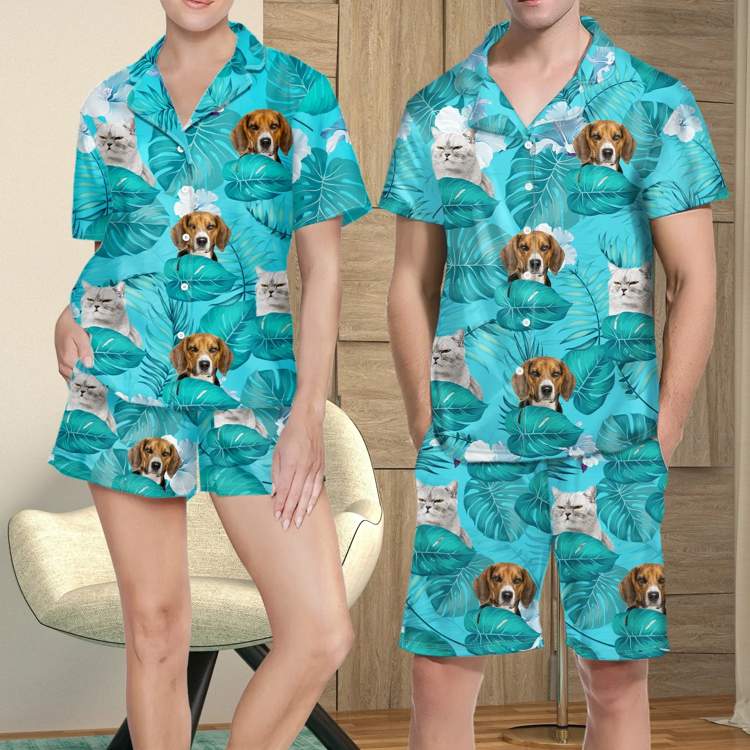 Custom Photo Funny Family Pet Face Summer Vibe - Vacation, Birthday Gift For Family, Husband, Wife, Parents, Mom, Dad - Personalized Short Pajamas Set - Image 4