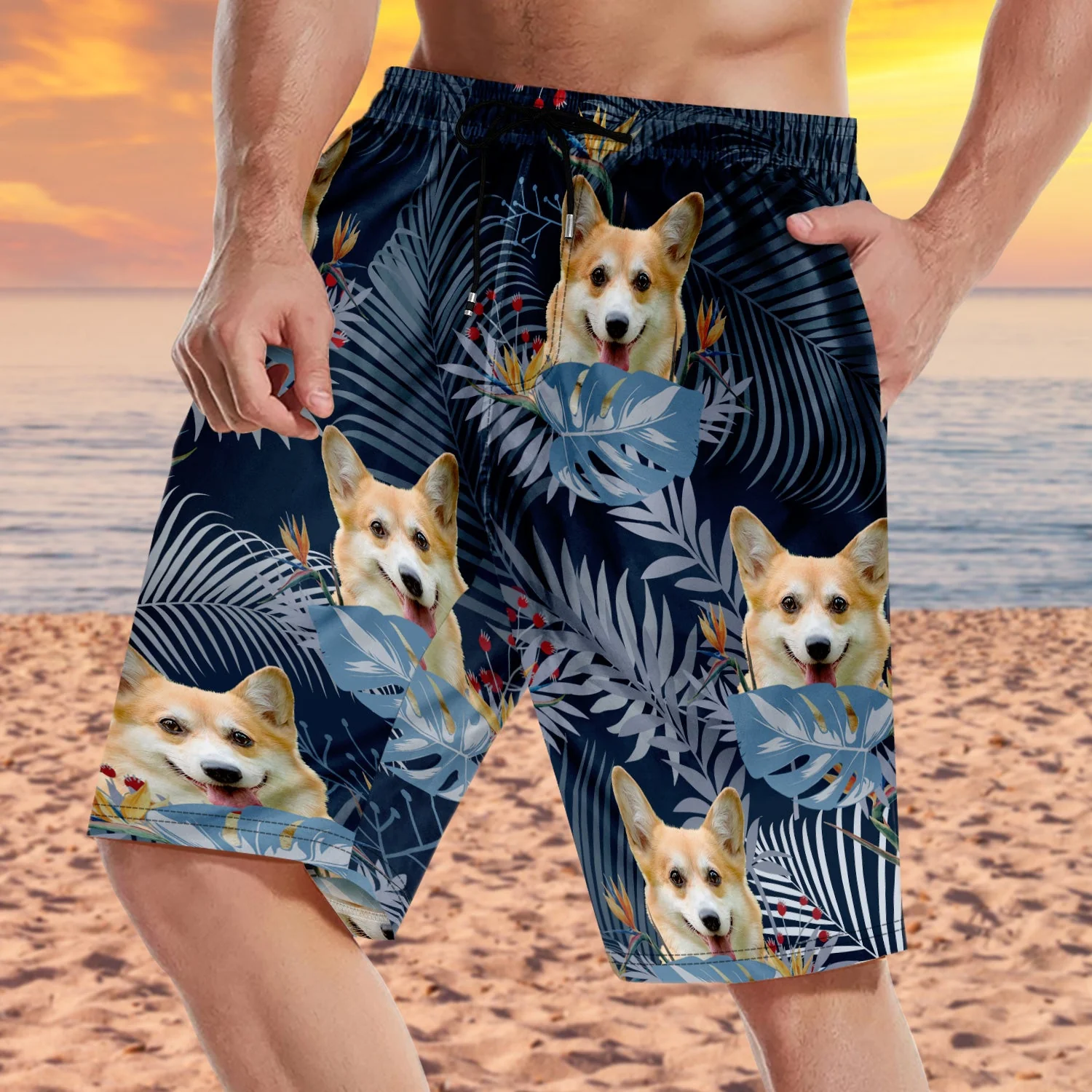 Custom Photo Funny Family Pet Face Tropical Leaf - Funny Gift For Pet Lovers, Dog Mom, Cat Mom, Dog Dad, Cat Dad - Personalized Unisex Beach Shorts - Image 4