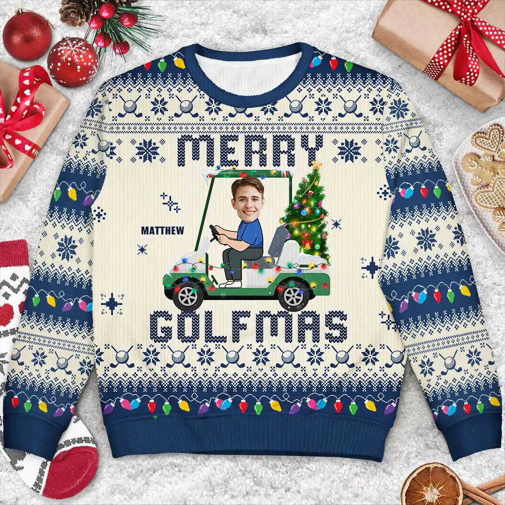 Custom Photo Funny Golf Lover Merry Golfmas - Personalized Unisex Ugly Sweater - Image 4