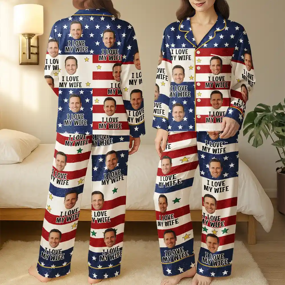 Custom Photo Funny I Love My Husband US Flag - Personalized Satin Pajama Set - Image 4