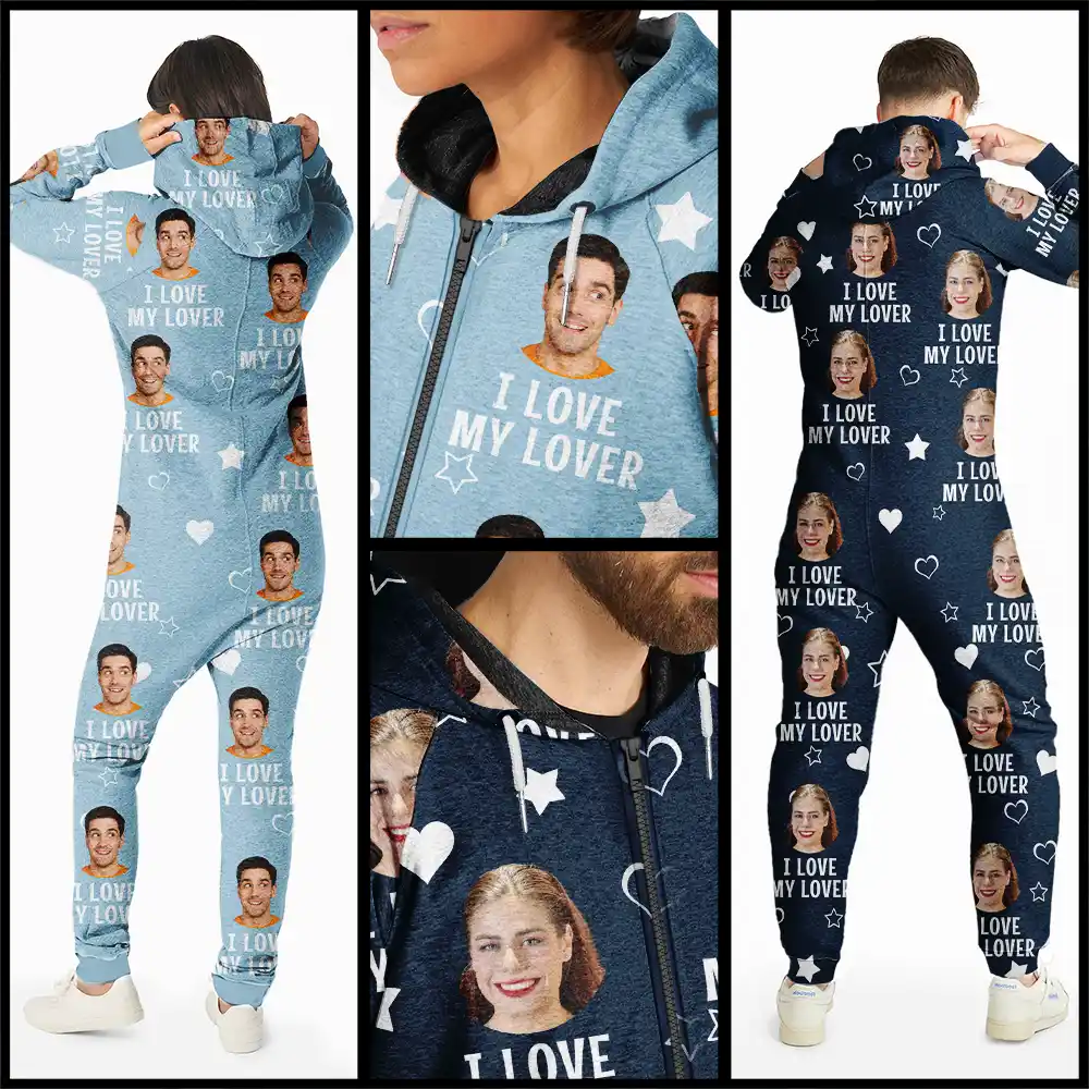 Custom Photo Funny I Love My Wife Husband - Personalized Overall Onesie Hooded Jumpsuit - Image 4