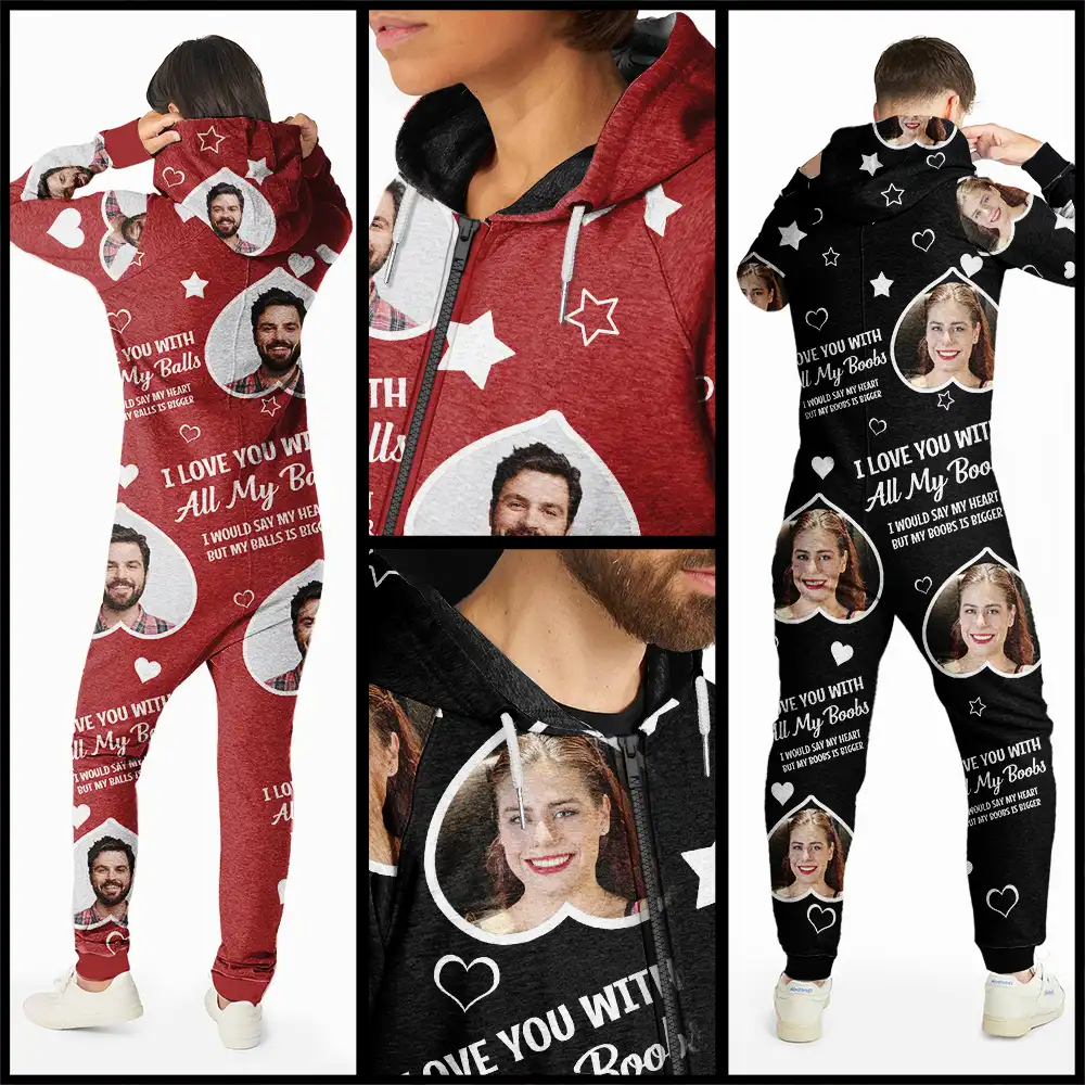 Custom Photo Funny I Love You With All My Heart - Personalized Overall Onesie Hooded Jumpsuit - Image 3