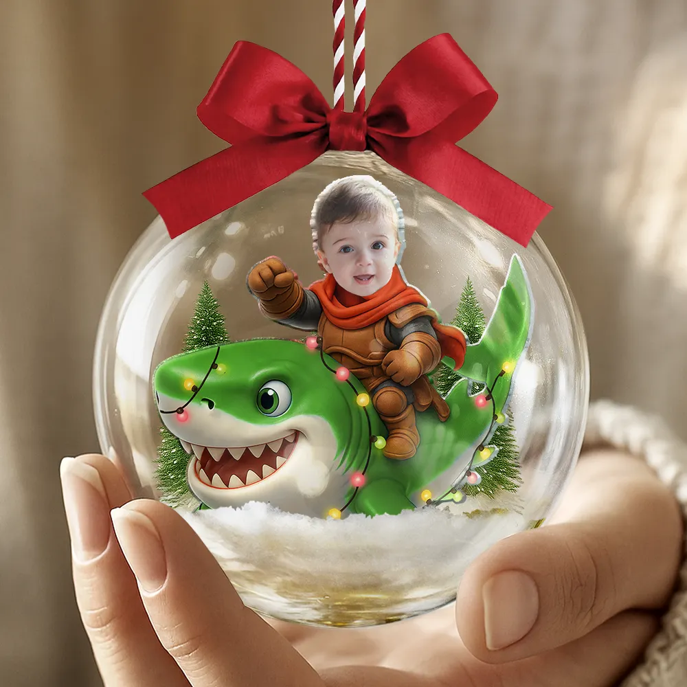 Custom Photo Funny Kid Face Riding Shark - Personalized 3D Acrylic Ball Ornament - Image 5