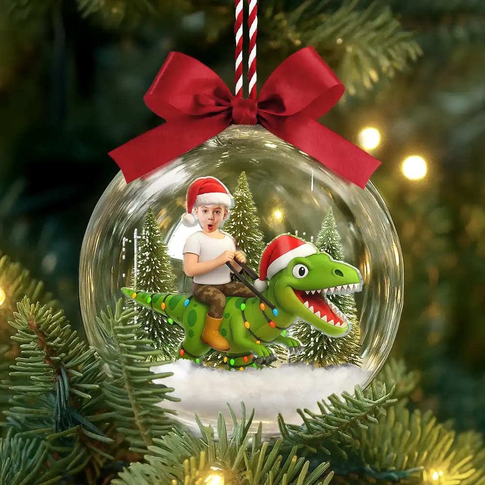 Custom Photo Funny Kid Xmas Dinosaur - Personalized 3D Acrylic Ball Ornament - Image 4
