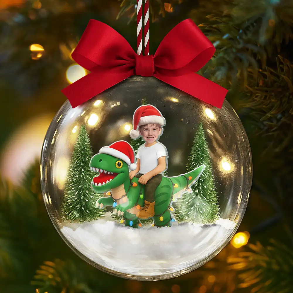 Custom Photo Funny Kid Xmas Dinosaur - Personalized 3D Acrylic Ball Ornament - Image 6