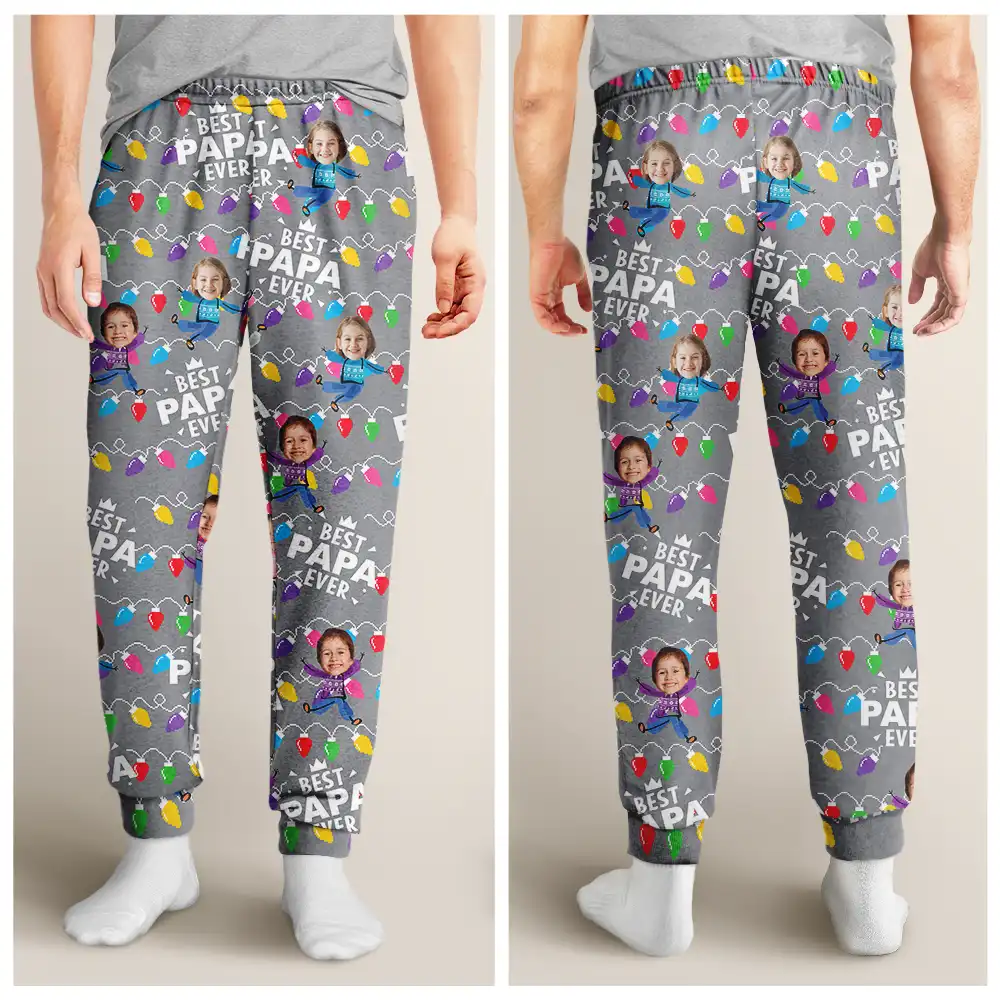 Custom Photo Funny Kids Best Dad Grandpa Ever Christmas Light - Personalized Pajama Pants - Image 5