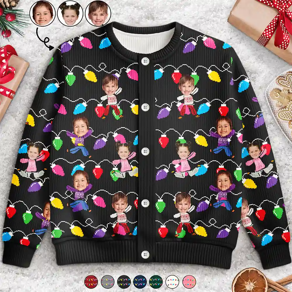 Custom Photo Funny Kids Christmas Light - Personalized Cardigan