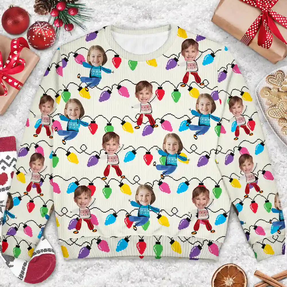 Custom Photo Funny Kids Christmas Light - Personalized Unisex Ugly Sweater - Image 4