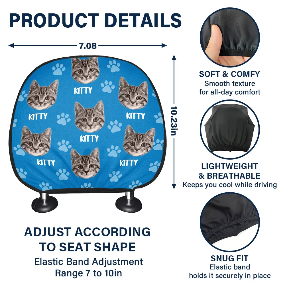 Custom Photo Funny Pet Face Pattern Dog Cat Family - Personalized Car Headrest Covers - Image 5