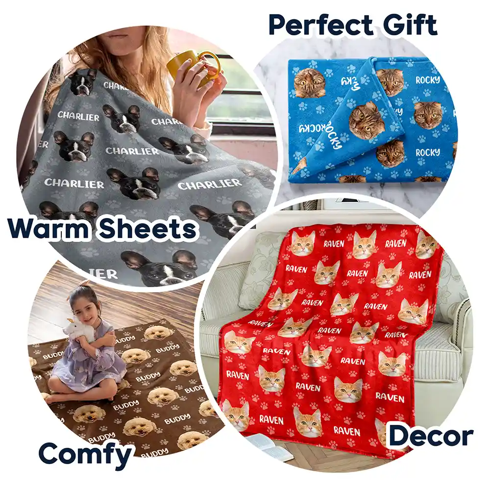 Custom Photo Funny Pet Face Pattern Dog Cat Family - Personalized Fleece Blanket, Sherpa Blanket - Image 8