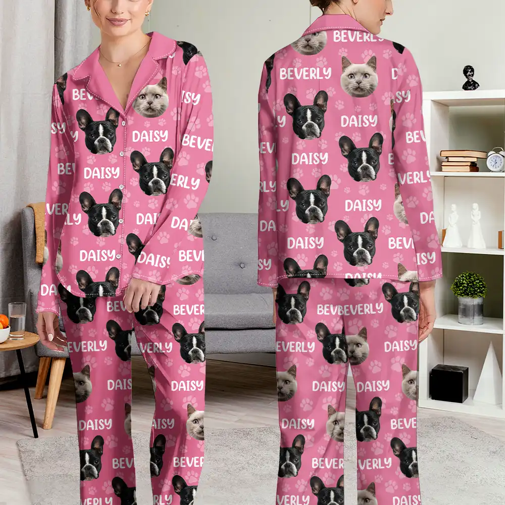 Custom Photo Funny Pet Face Pattern Dog Cat Family - Personalized Long Pajamas Set - Image 5