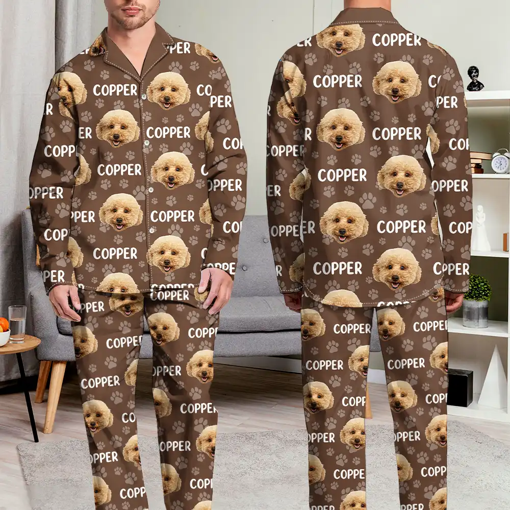 Custom Photo Funny Pet Face Pattern Dog Cat Family - Personalized Long Pajamas Set - Image 6