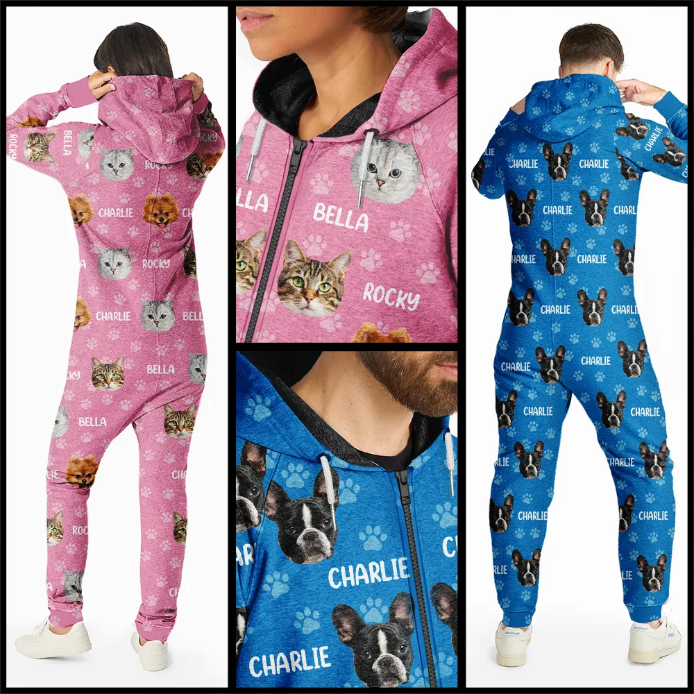 Custom Photo Funny Pet Face Pattern Dog Cat Family - Personalized Overall Onesie Hooded Jumpsuit - Image 4