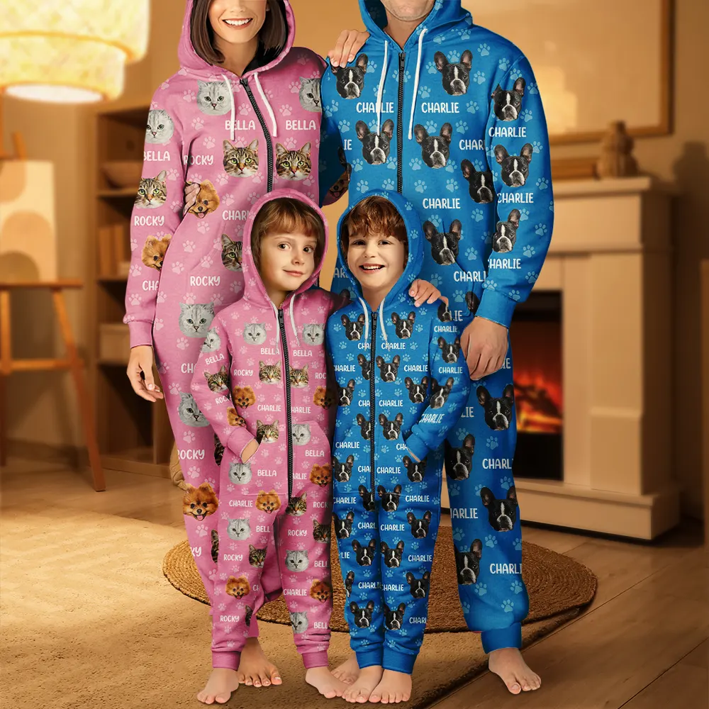 Custom Photo Funny Pet Face Pattern Dog Cat Family - Personalized Overall Onesie Hooded Jumpsuit - Image 6