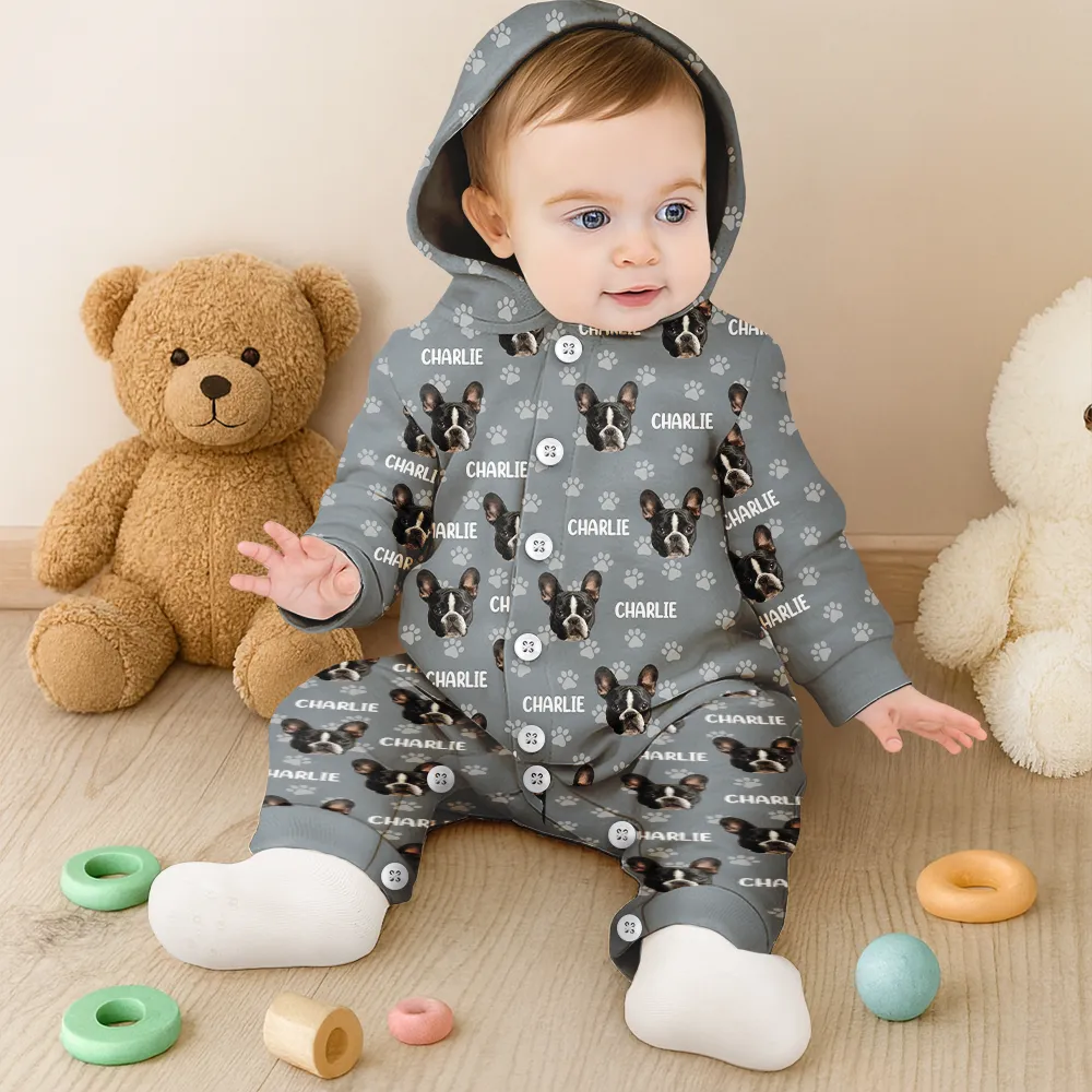 Custom Photo Funny Pet Face Pattern Dog Cat Family - Personalized Overall Onesie Hooded Jumpsuit - Image 7