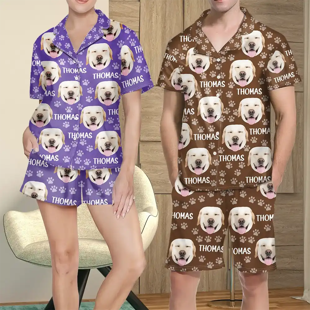 Custom Photo Funny Pet Face Pattern Dog Cat Family - Personalized Short Pajamas Set - Image 4