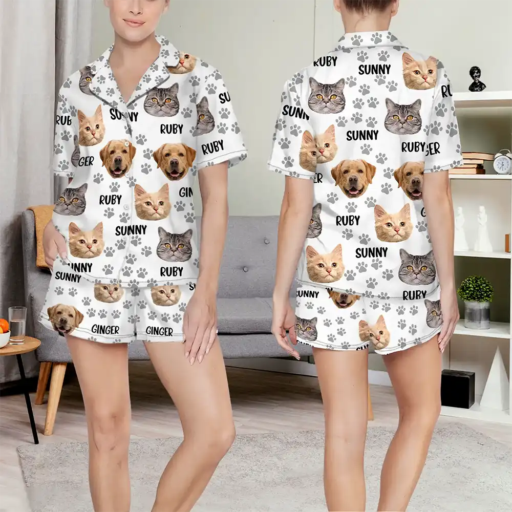 Custom Photo Funny Pet Face Pattern Dog Cat Family - Personalized Short Pajamas Set - Image 6