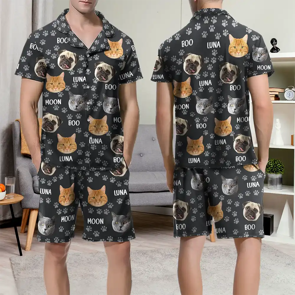 Custom Photo Funny Pet Face Pattern Dog Cat Family - Personalized Short Pajamas Set - Image 7