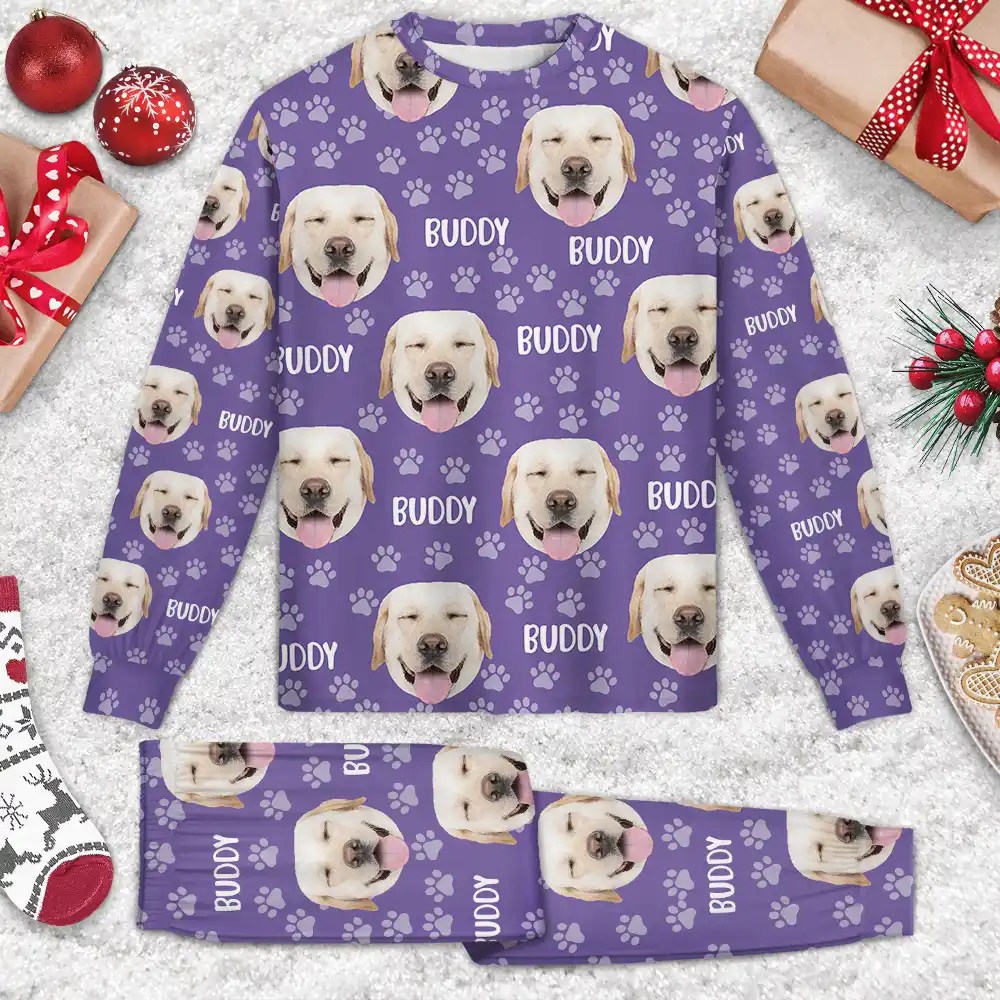 Custom Photo Funny Pet Face Pattern Dog Cat Family - Personalized Unisex Pajamas Set - Image 4