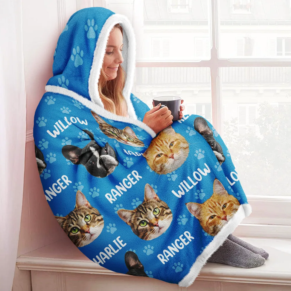 Custom Photo Funny Pet Face Pattern Dog Cat Family - Personalized Wearable Hooded Blanket - Image 4