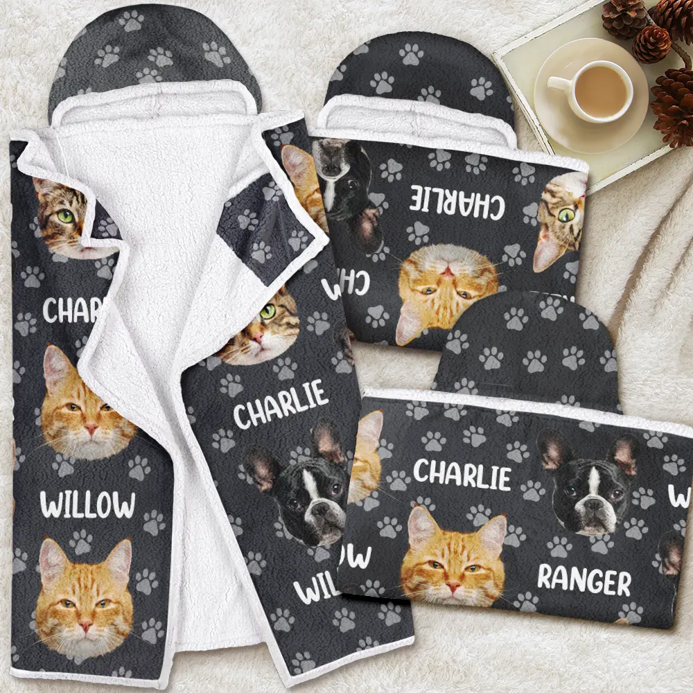 Custom Photo Funny Pet Face Pattern Dog Cat Family - Personalized Wearable Hooded Blanket - Image 5